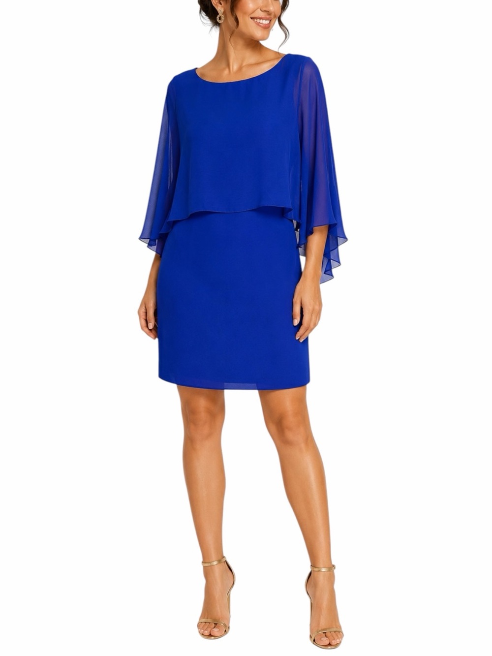 Calvin Klein Blue Chiffon Overlay Cape Sleeve Shift Dress Women’s Size 10 NWT